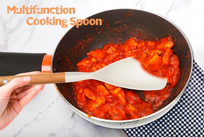 Silicone Cooking Utensils Set, 6 Pack Large Kitchen Utensils Set with Wooden Handle, Heat Resistant Silicone Utensil Spatula Set for Nonstick Cookware, Spatula, Turner, Spoon, Ladle BPA Free (White)