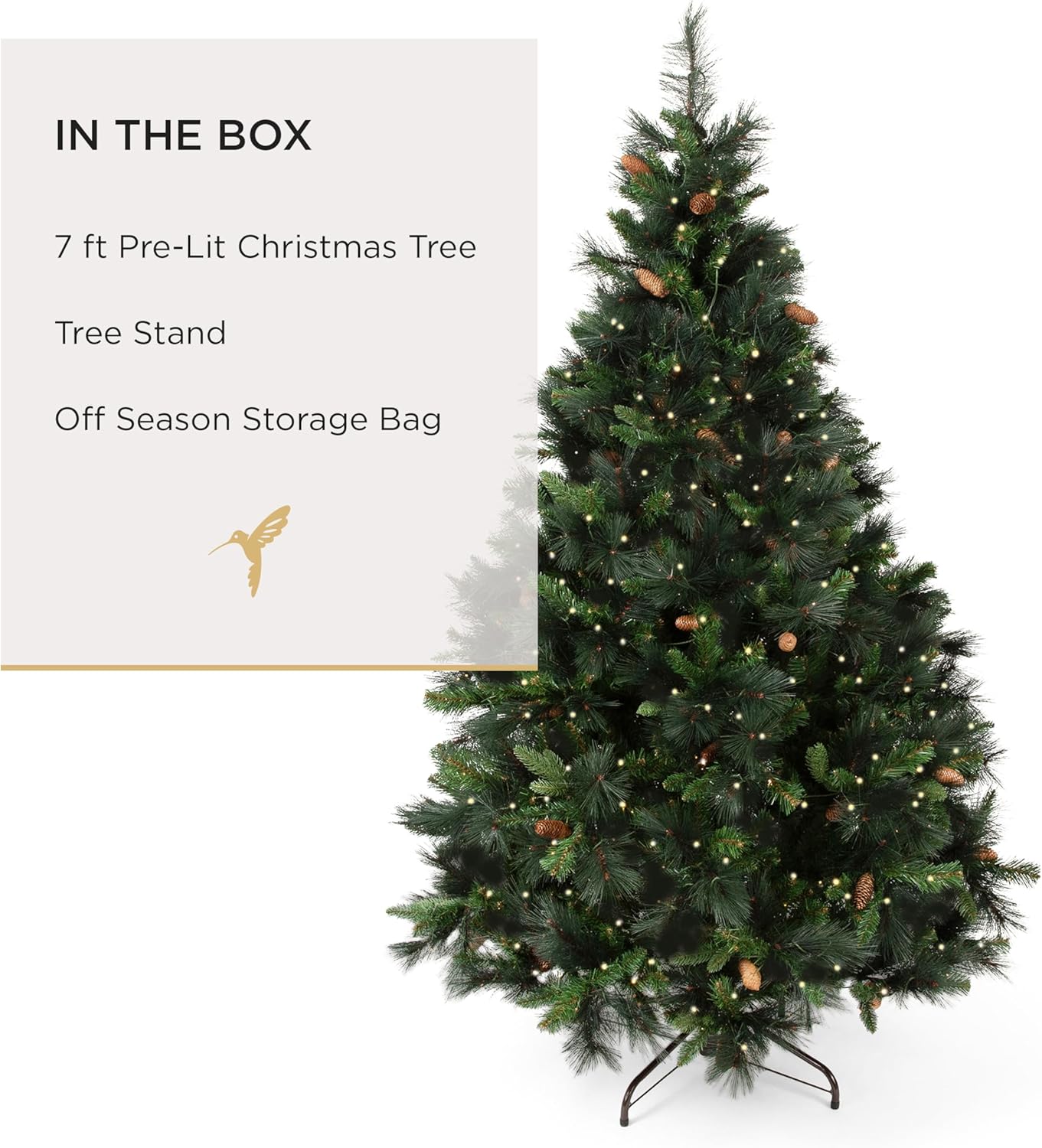Papyrus 7 ft Pre-Lit Artificial Christmas Tree, Carolina Pine, Pine Cones, Warm White Lights, Includes Stand and Storage Bag