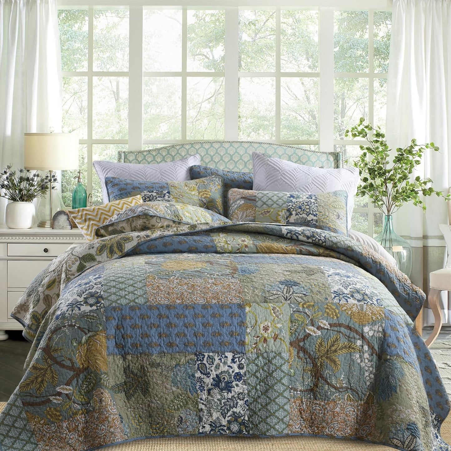 Yvooxny Quilt Set Queen Bedspread Reversible Green Farmhouse Garden Coverlet Real Patchwork Quilt Set for All Seasons, Bohemian Floral Pattern, Queen Size