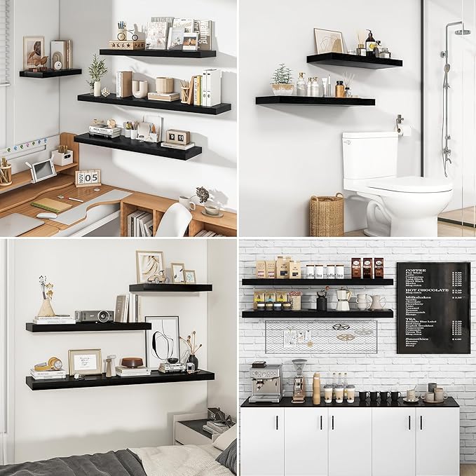 RICHFOCUS 36Inch Floating Shelves for Wall 2 Pack Shelves for Bedroom|Kitchen|Bathroom Wall Mounted Rustic Wood Floating Shelf with Invisible Brackets for Books|Storage|Decor, Black