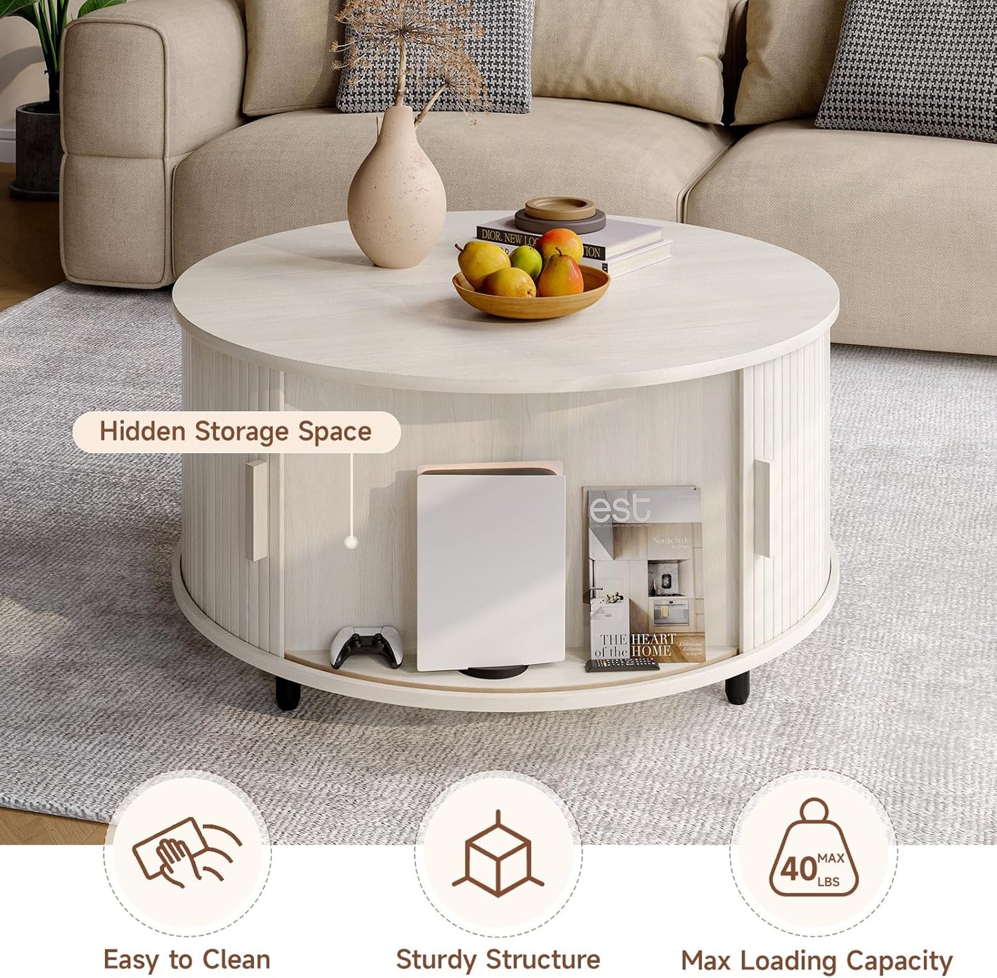Round Coffee Table with Storage, 31.5" Modern Coffee Table with 360° Curved Sliding Door, Fluted Wood Coffee Table with Adjustable Footpads, Round Center Table for Living Room, Natural White
