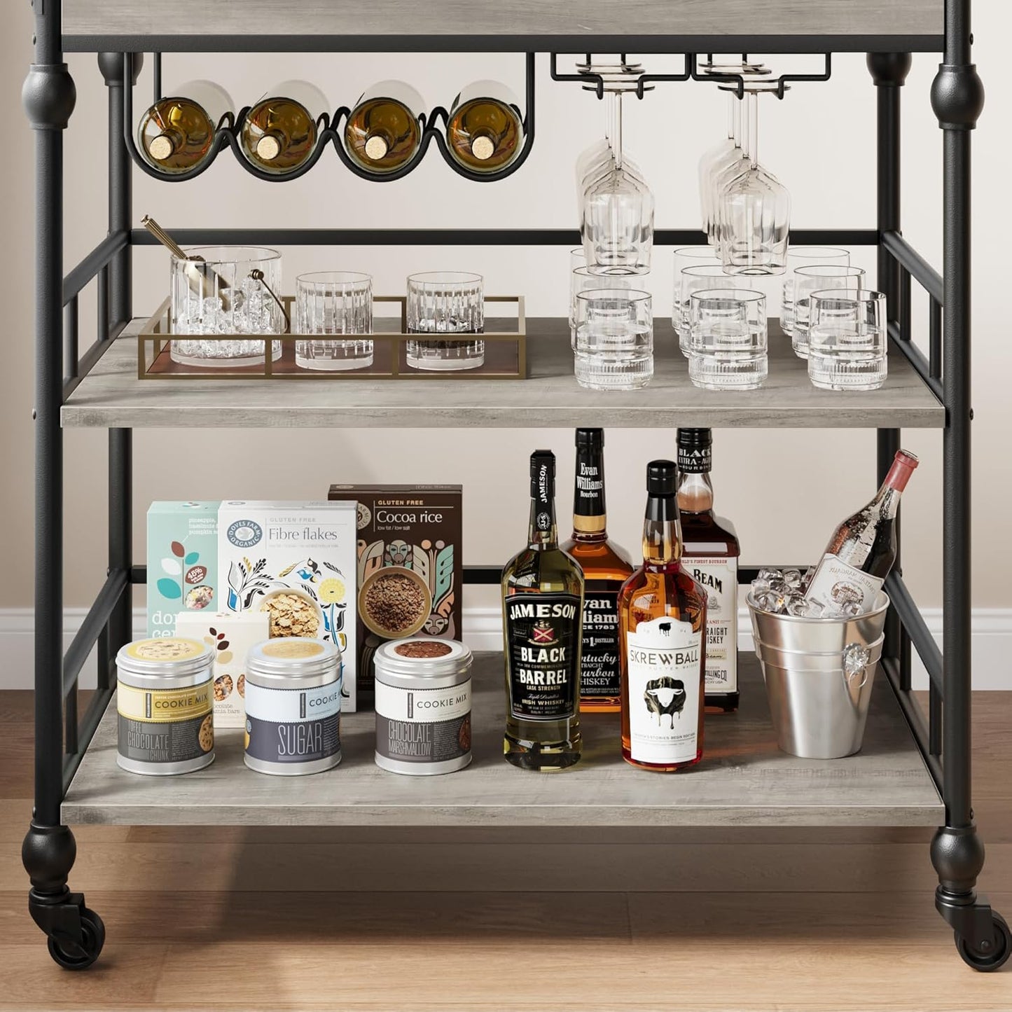 GarveeHome Bar Cart, Bar Carts for The Home, 3 Tier Serving Cart with Wheels, Home Bar & Serving Carts, Metal Rolling Cart with Wine Rack & Removable Tray for Kitchen, Dining Room, Living Room-Grey