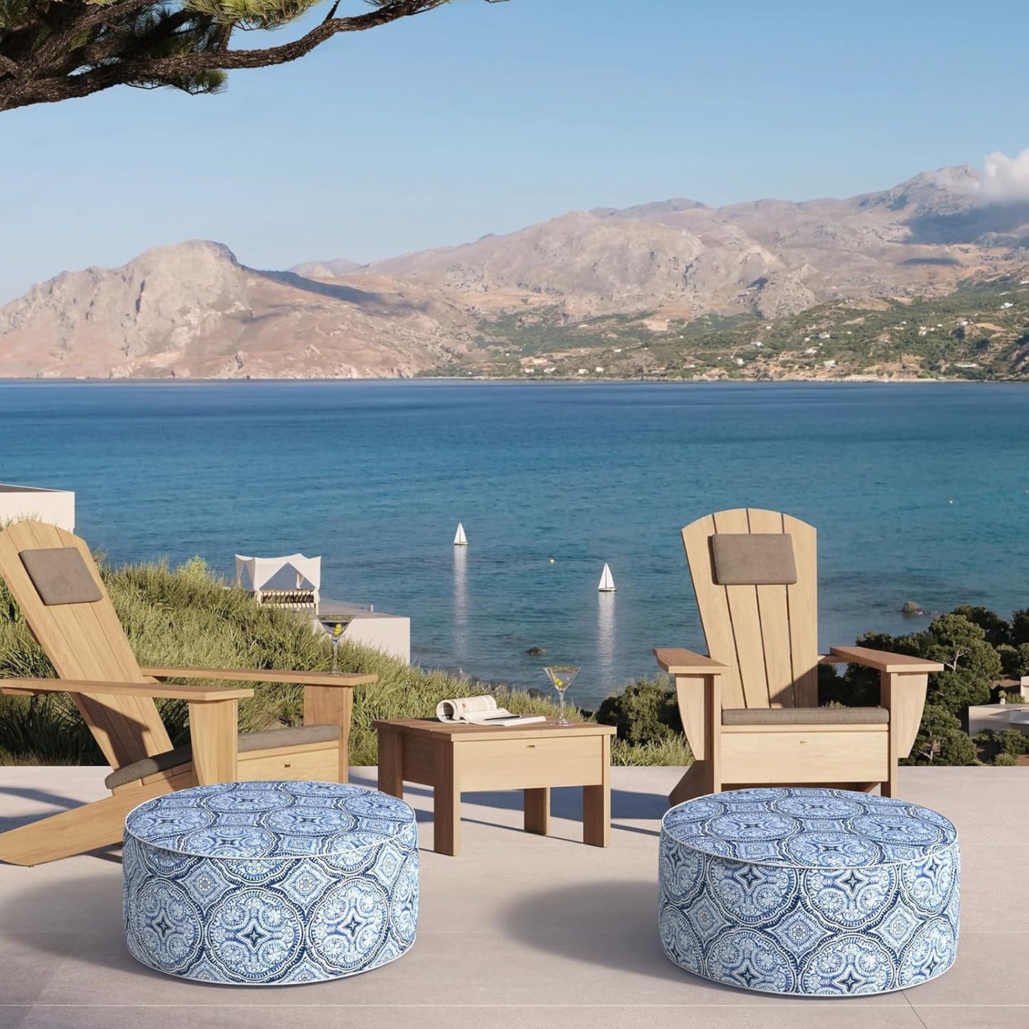 Inflatable Ottoman Stool D21 xH9 for Outdoor/Indoor Use, Water Repellent Patio Foot Rest Stool with Portable Handle,Round Pouf Ottoman Suitable for Garden,Deck and Camping - Medallion Blue