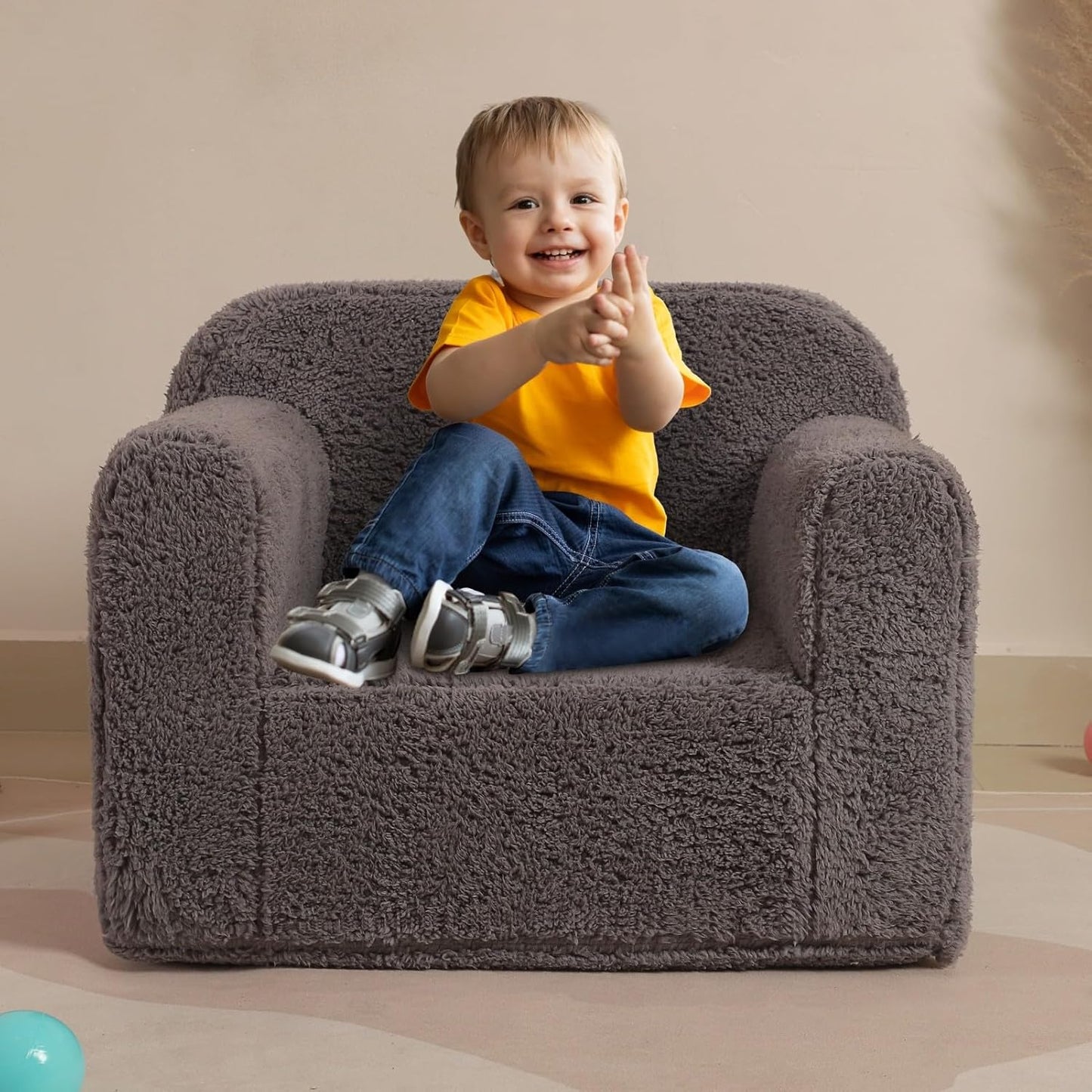 Kids Snuggly-Soft Sherpa Chair, Cuddly Toddler Foam Chair for Boys and Girls, Grey