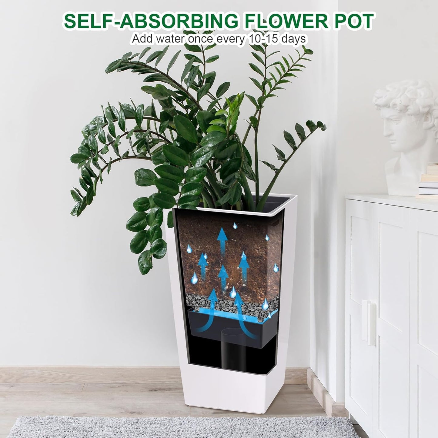 30 Inch Tall Planters Set of 2, Front Porch Self Watering Pots with Drainage Holes & Water Level Monitor & Inner Bucket