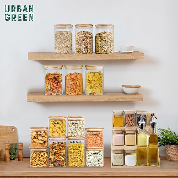 Urban Green Glass Jars with Airtight Lids, Airtight Glass Canisters with Locking Lids, (Bamboo-6P-26oz)