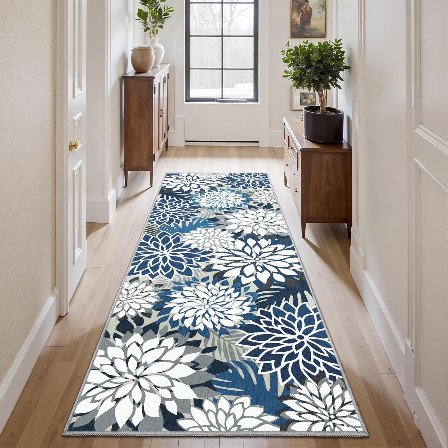 Area Rug 2x6 Blue White Washable Entry Rug Multicolored Tropical Botanical Modern Floral Indoor Kitchen Door Mat Entrance Carpet Non Slip for Bedroom Living Room, Porch