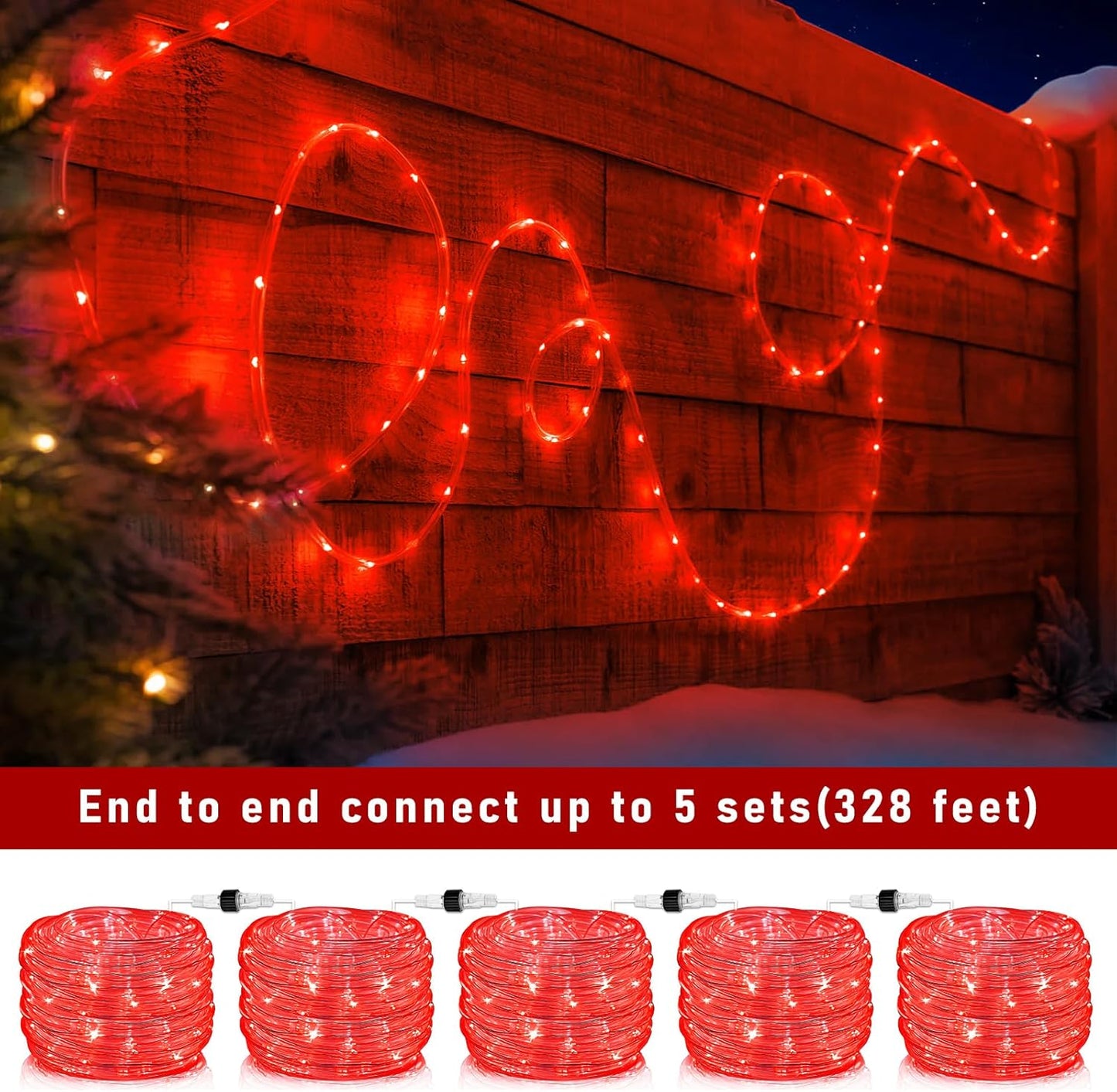Rope Lights Outdoor, 66FT 200 LED Rope Lights for Indoor with Waterproof 8 Modes, Connectable Clear Tube Lights for Outside, Garden, Backyard, Patio, Deck, Pool, Tree Decorations - Red