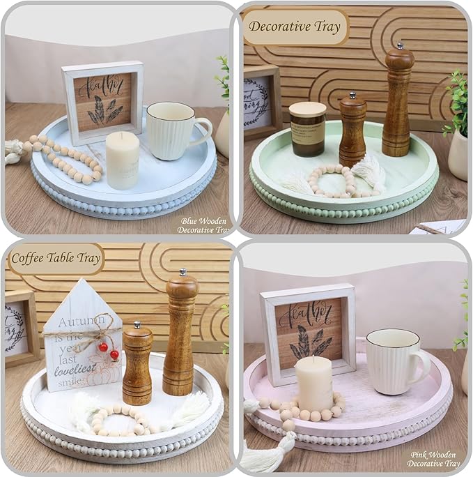 Round Wood Serving Tray with Beads, Blue Washed Wooden Decorative Tray for Entertaining, Decoration, and Gifting