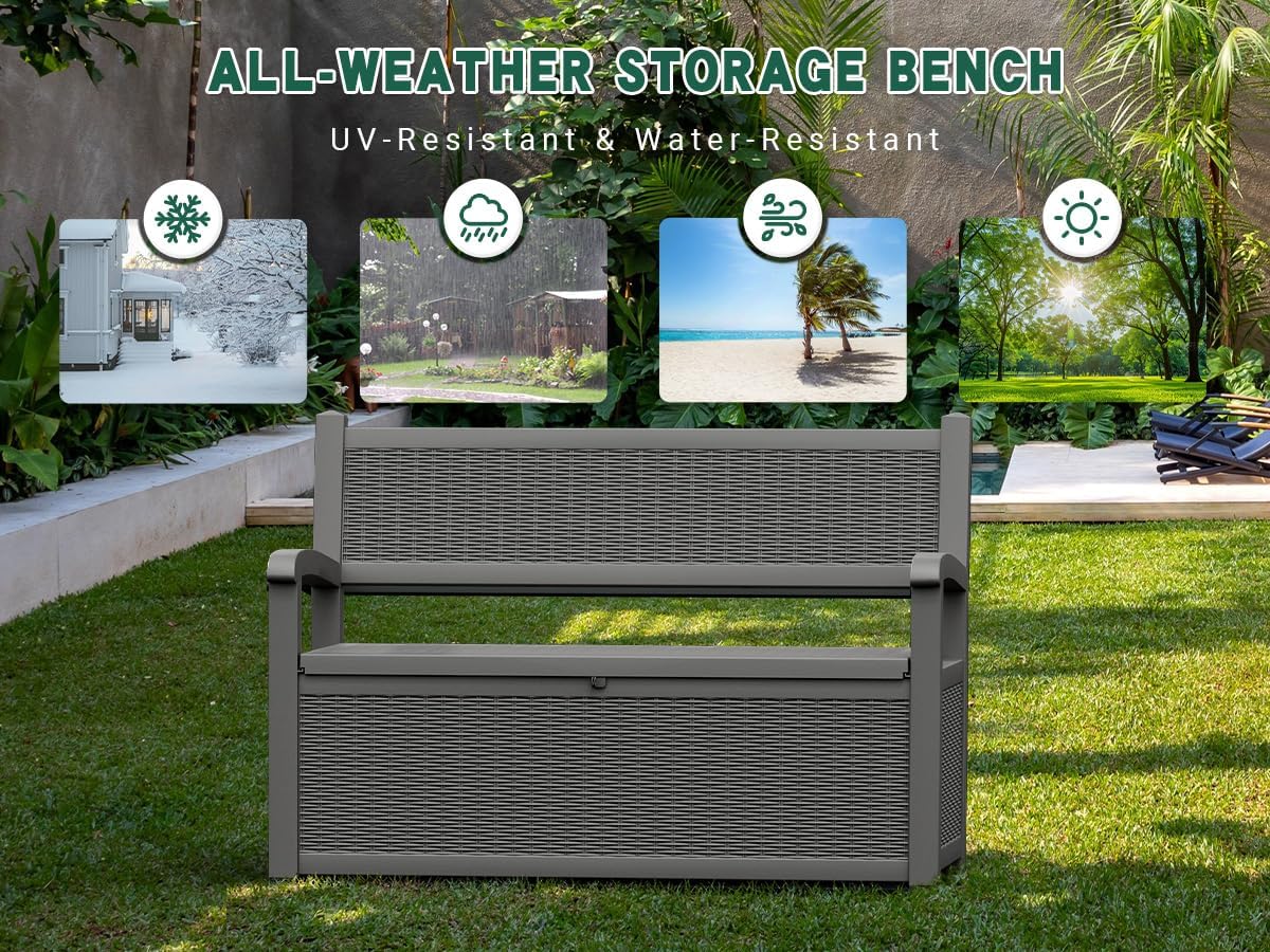 70 Gallon Outdoor Storage Bench Deck Box Lockable for Patio Furniture, Outdoor Porch Bench with Storage Waterproof for Cushions, Garden Tools and Pool Supplies, Grey