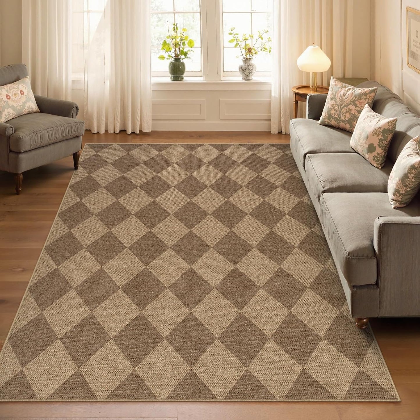 Lahome Checkered Easy Jute Indoor Outdoor Rug, 5x7 Area Rugs for Living Room Nature Large Dining Room Carpet, Washable Non Slip Indoor Outdoor Carpet for Home Office Bedroom Backyard Patio