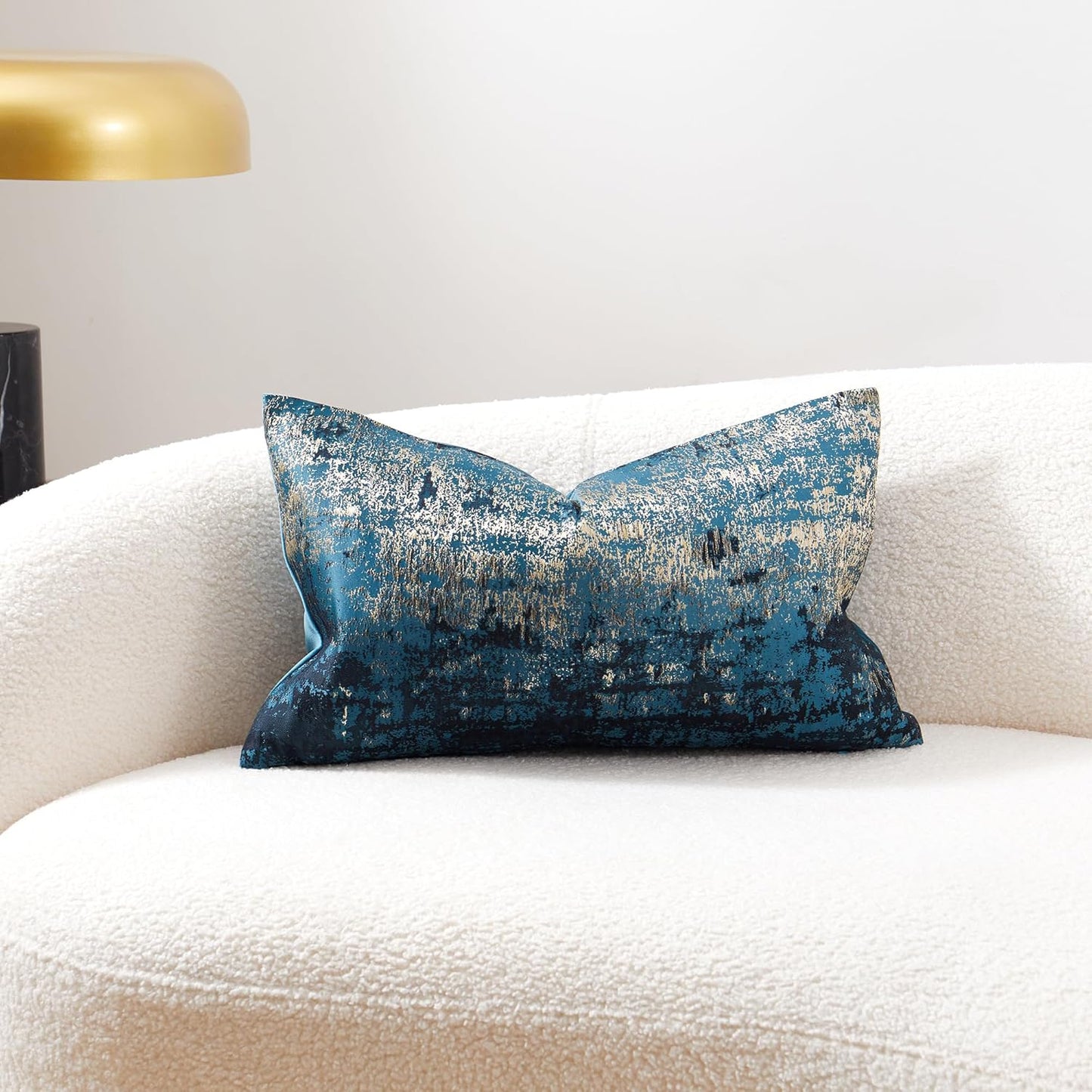 THE-TINOART Teal & Gold Embroidered Jacquard Pillow Cover 12x20 Inches – Luxury Reversible Decorative Throw Pillow Cover with Gold Thread & Velvet Backing, Elegant Holiday Home Decor