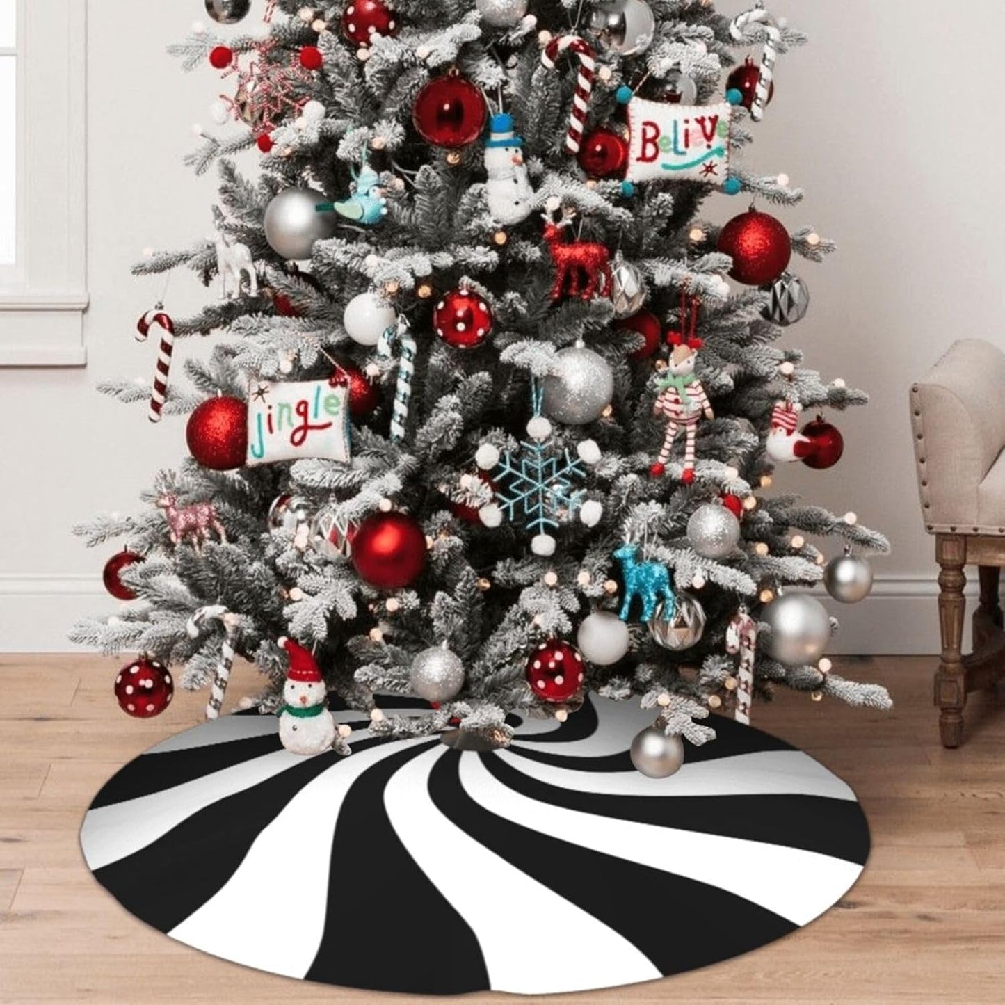 36" Black Sugar Swirl Candy Christmas Tree Skirt, Sweet Peppermint Tree Mat Base Cover for Xmas Festive Holiday Party Decoration Ornaments