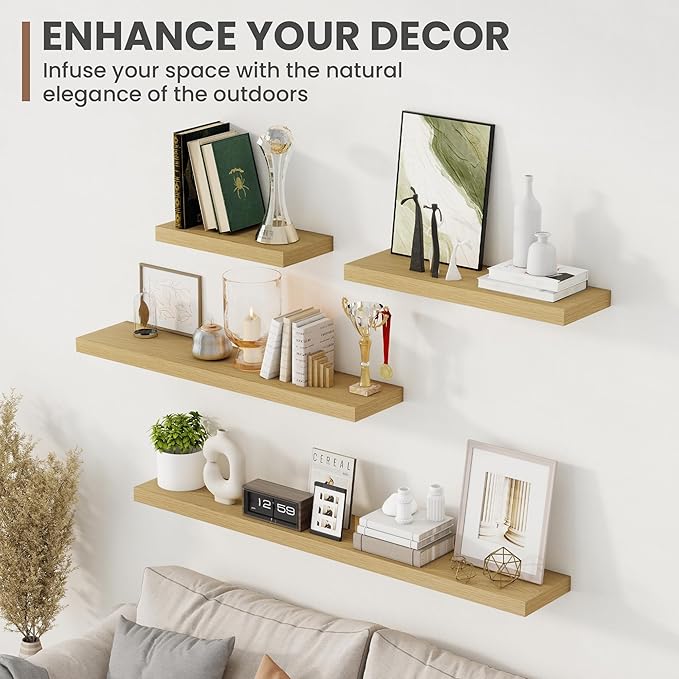 48 Inch Floating Shelves, 8 Inch Deep Floating Shelves for Wall, Hanging Shelf with Invisible Brackets, Deep Shelves for Bathroom, Bedroom, Living Room, Oak, Set of 1