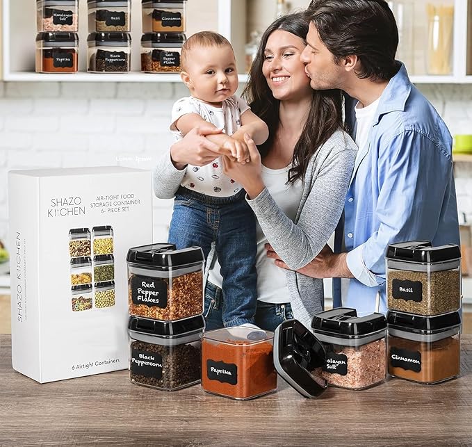 Shazo 6 PC Airtight Food Storage Containers - BPA Free Clear Plastic Snack & Spice Containers with Easy Lock Lids - Kitchen and Pantry Organization for Herbs, Coffee, Tea - 0.5L / 2.1 Cups
