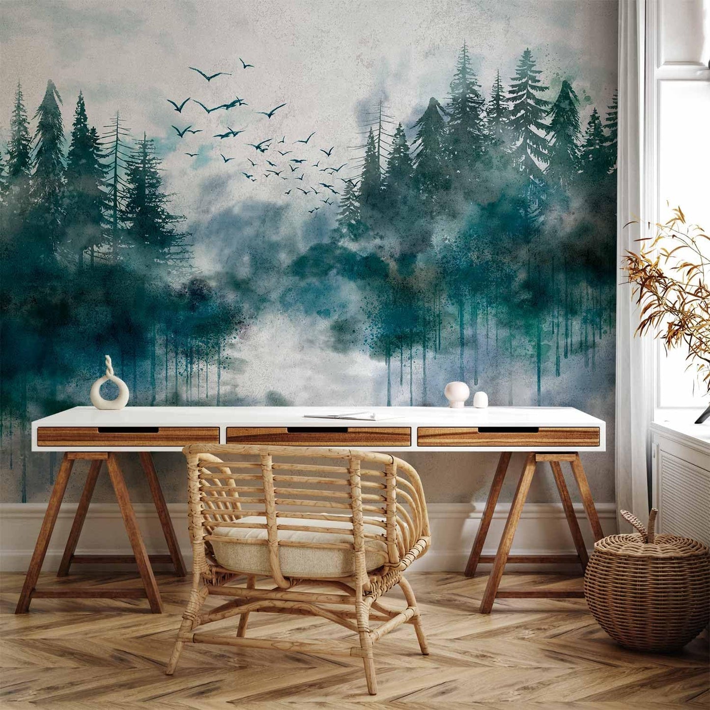 artgeist Wall Mural Peel and Stick Forest 212x98 in - XXL Self-Adhesive Corner Wallpaper Removable Large Sticker Foil Angle Wallpaper Wall Decor Print Landscape Nature Tree Aquarella c-A-10022-a-a