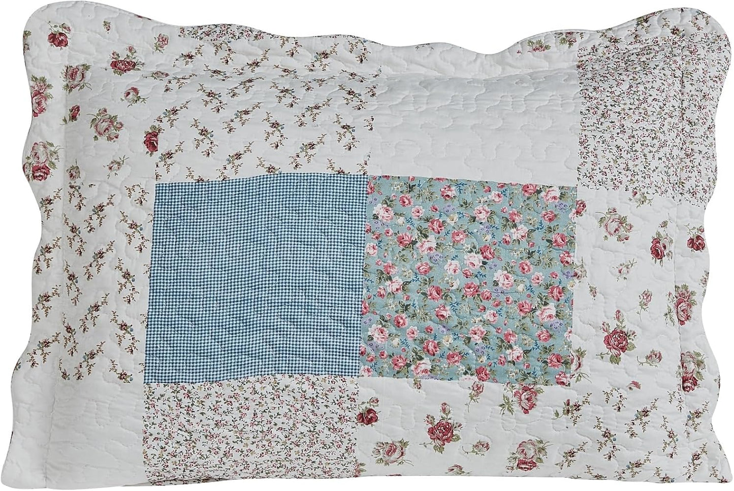 Brilliant Sunshine Pink Rose with Small Blue Check Patchwork, 2-Piece Quilt Set with 1 Sham, Reversible Bedspread, Soft Lightweight Coverlet, All-Season, Twin, Pink Blue
