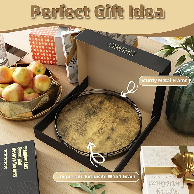 Lazy Susan Turntable Organizer for Table Top, 13’’ Round Wooden Lazy Susan for Cabinet Kitchen Countertop Pantry Dining Coffee Table for Condiments Spices, Rustic Bathroom Vanity Tray for Soap Candle