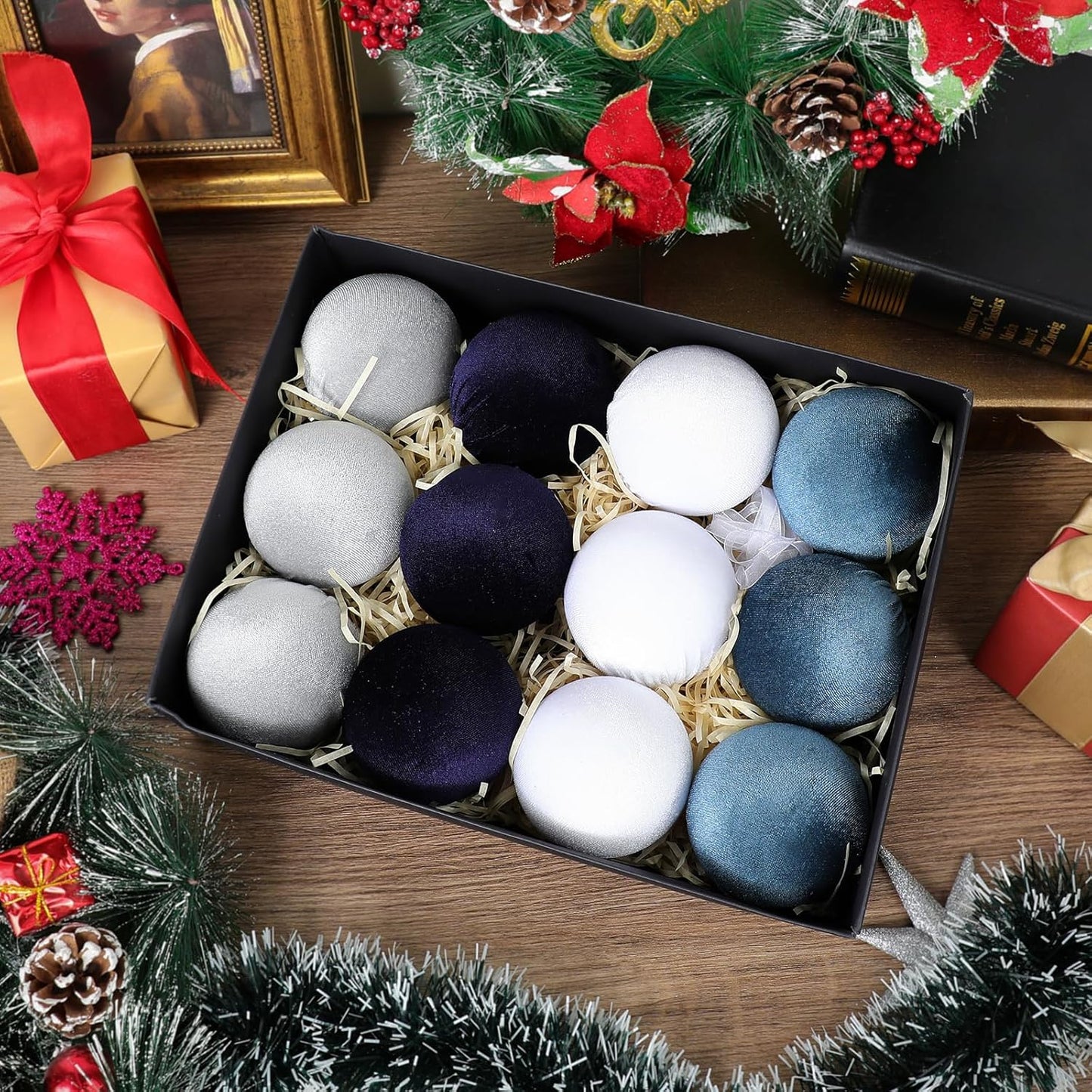 12Pcs Velvet Christmas Ornaments Balls,Blue Christmas Tree Decoration Shatterproof Ball with Hanging for Party Decor Multicolor Dusty Blue 80mm/3.15in