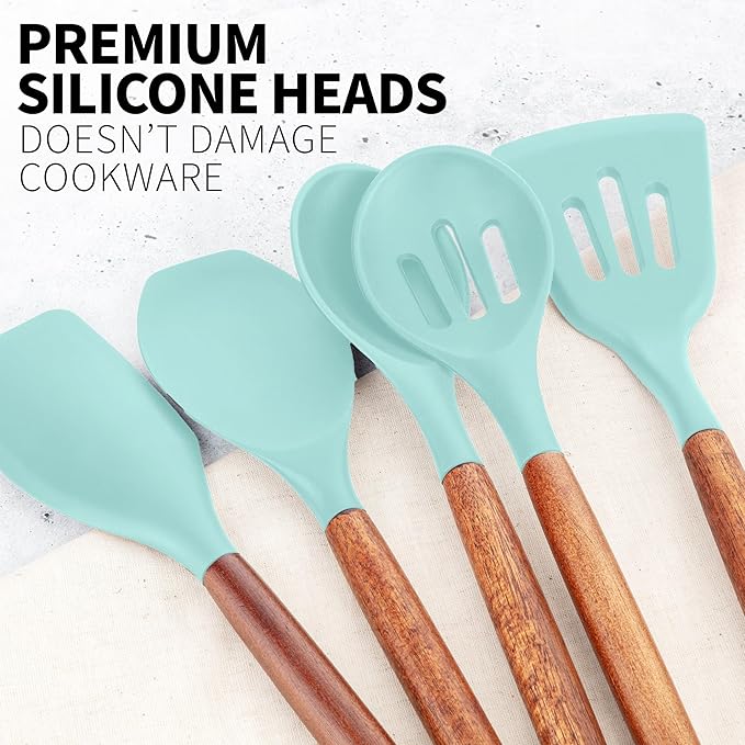 Zulay Kitchen Non-Stick Cooking Utensils Set with Authentic Acacia Wood Handles – 5-Piece Durable & Stylish Silicone Kitchen Utensils Set – Heat Resistant to 464°F – Aqua