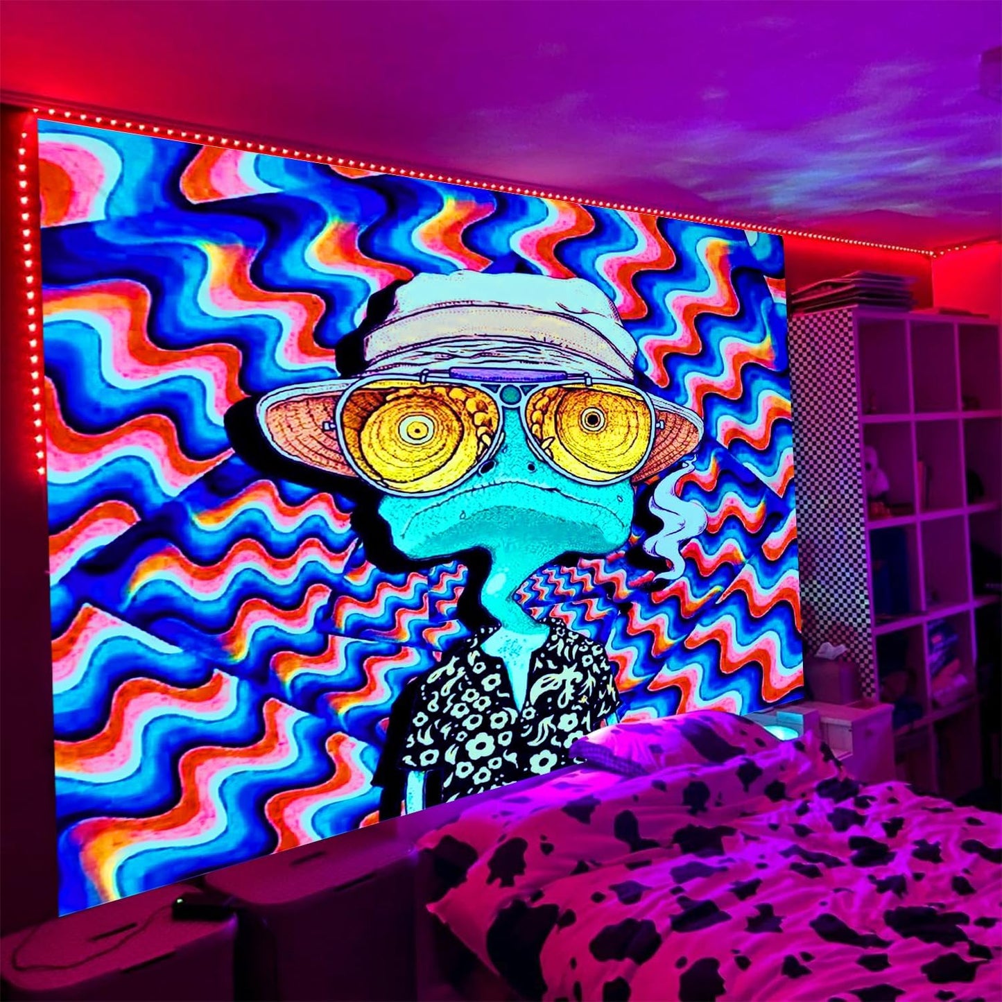 ADDWel Blacklight Frog Tapestry, Hippie Alien Tapestry Glow In The Dark, UV Reactive Black Light Upright Posters Wall Hanging for Bedroom Dorm Living Room Backdrop Decor