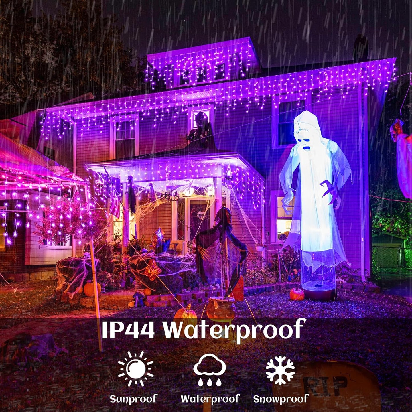 66ft Purple Halloween Lights Outdoor, 640 LED Icicle Lights for Outside Indoor Twinkle Lights with Connectable Clear Wire 8 Modes Timer Waterproof for House Party Tree Holiday Yard Decorations