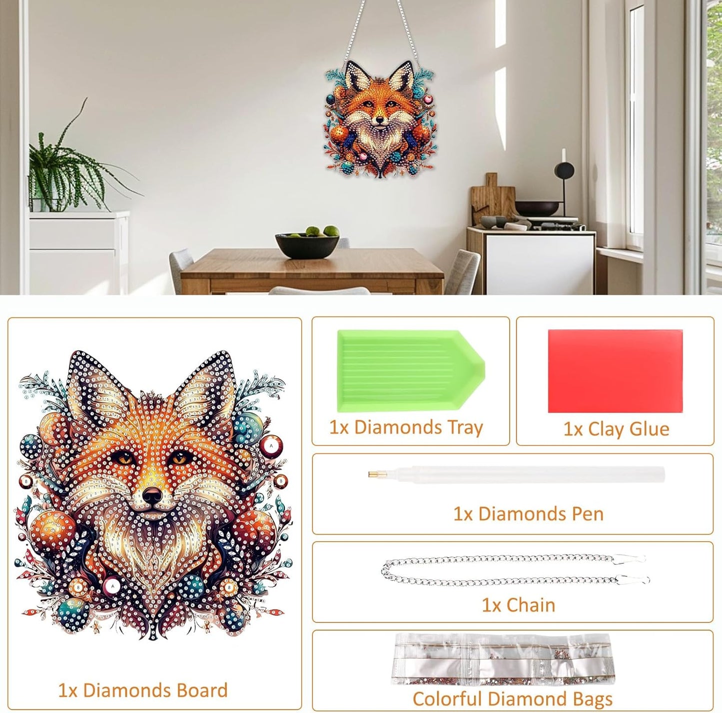 SENQAO Fox Diamond Art Hanging Kit for Adult, Special Shaped Rhinestone, Double Sided DIY Acrylic Diamond Art Painting Window Pendants Home Garden Wall Hanging Kits Hanging Ornament