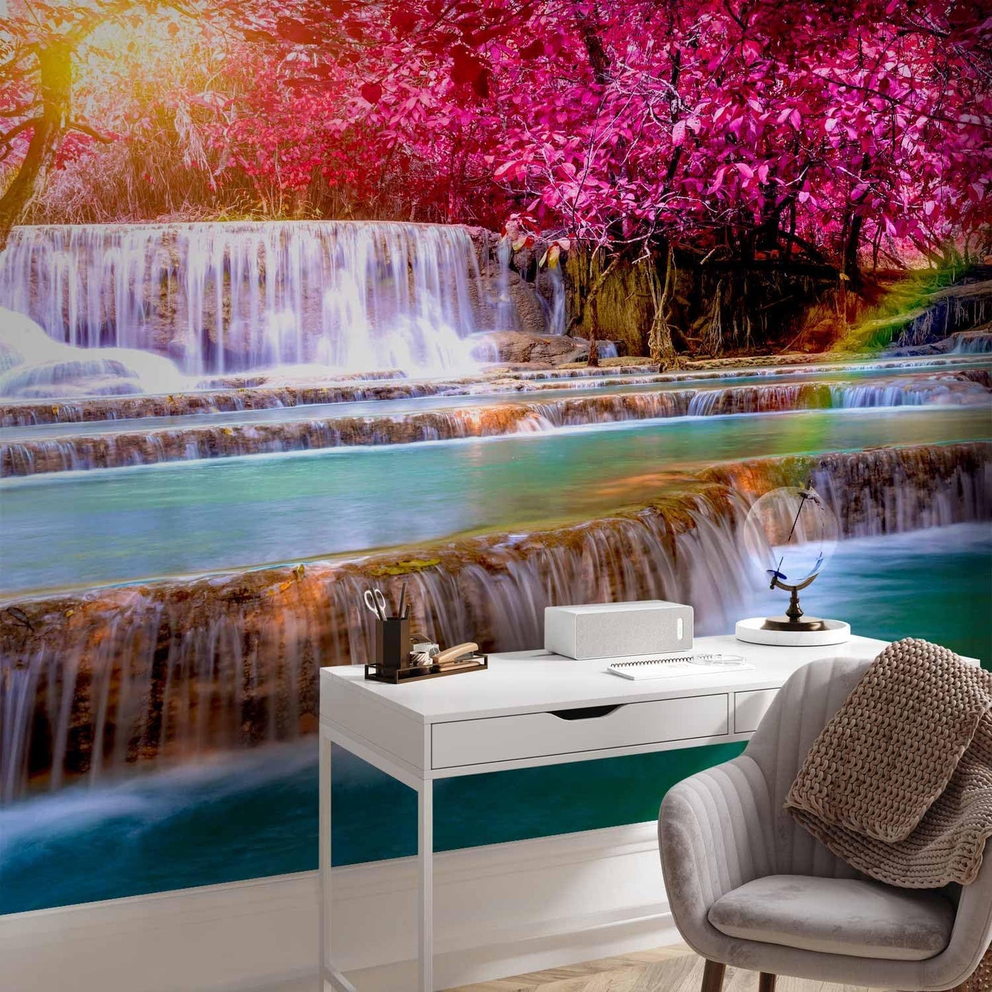 artgeist Wall Mural Waterfall 216x98 in - XXL Non-Woven Corner Wallpaper Fleece Angle Wall Decor Photo Print Picture Image Design Modern Nature Sun Pink Tree Forest c-B-0474-a-a