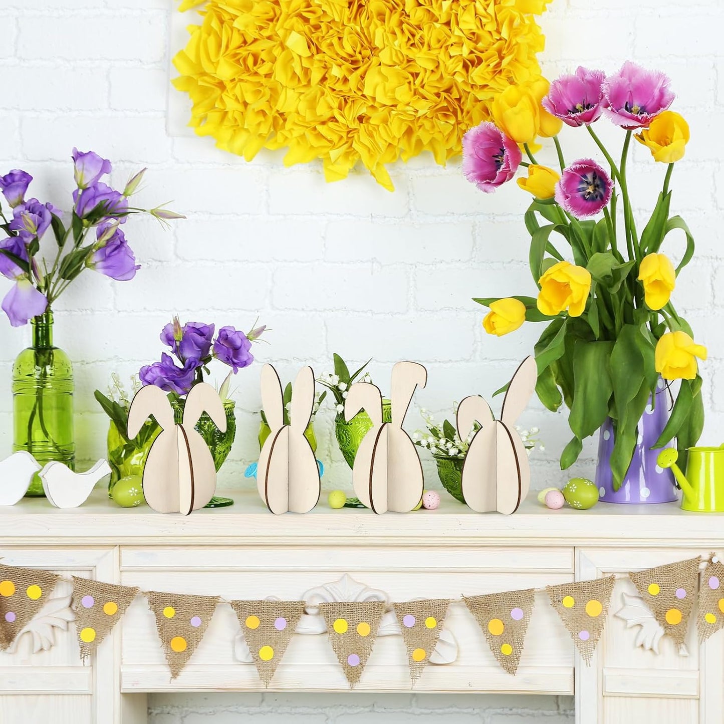 COCHIE DIY 3D Easter Eggs Wood Crafts to Paint for Kids Adults, Paintable Unfinished Wooden Slices for Craft, Bunny Ears Cutouts Ornaments for Painting Decorations (24 PCS)