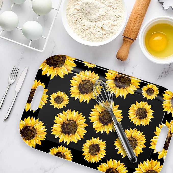 Serving Trays with Handles, 14.5 x 9.8 inch Rectangular Plastic Tray for Restaurant, Kitchen, Sunflower Black Background