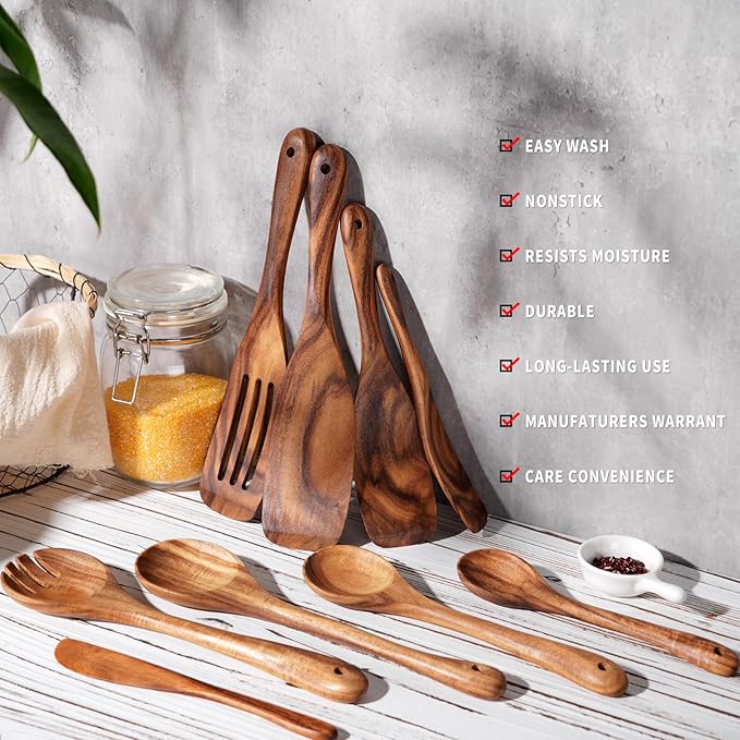 Wooden Cooking Utensils Set, 9 PCS Teak Wood Spoons, Spatula, Slotted Spoon, Handmade Modern Kitchen Utensils