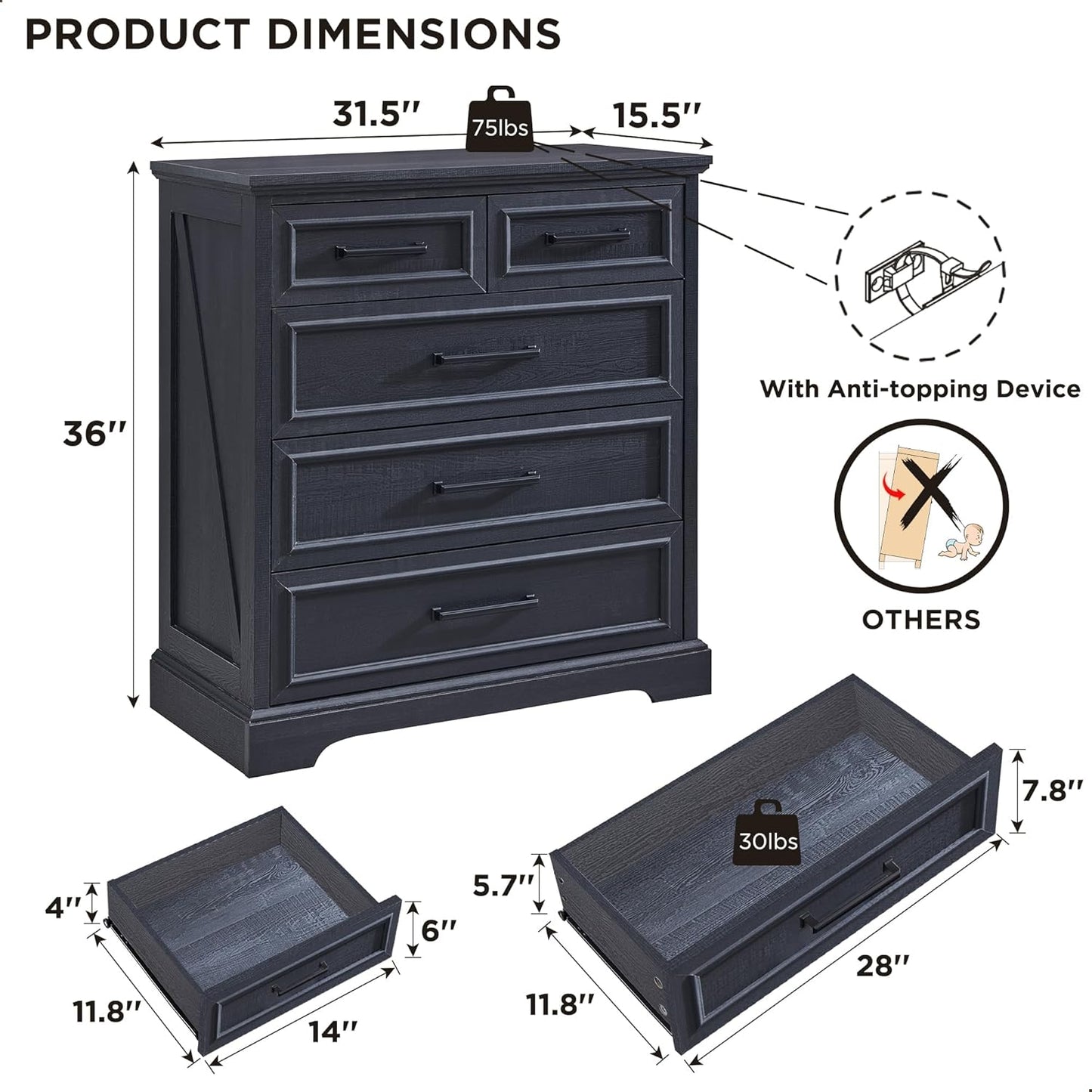 Farmhouse 5 Drawer Dresser for Bedroom, 36 Inch Tall Modern Chest of Drawers, Rustic Wood Storgae Organizer with Large Drawers & Bar Handles for Bedroom, Living Room, Hallway, Black