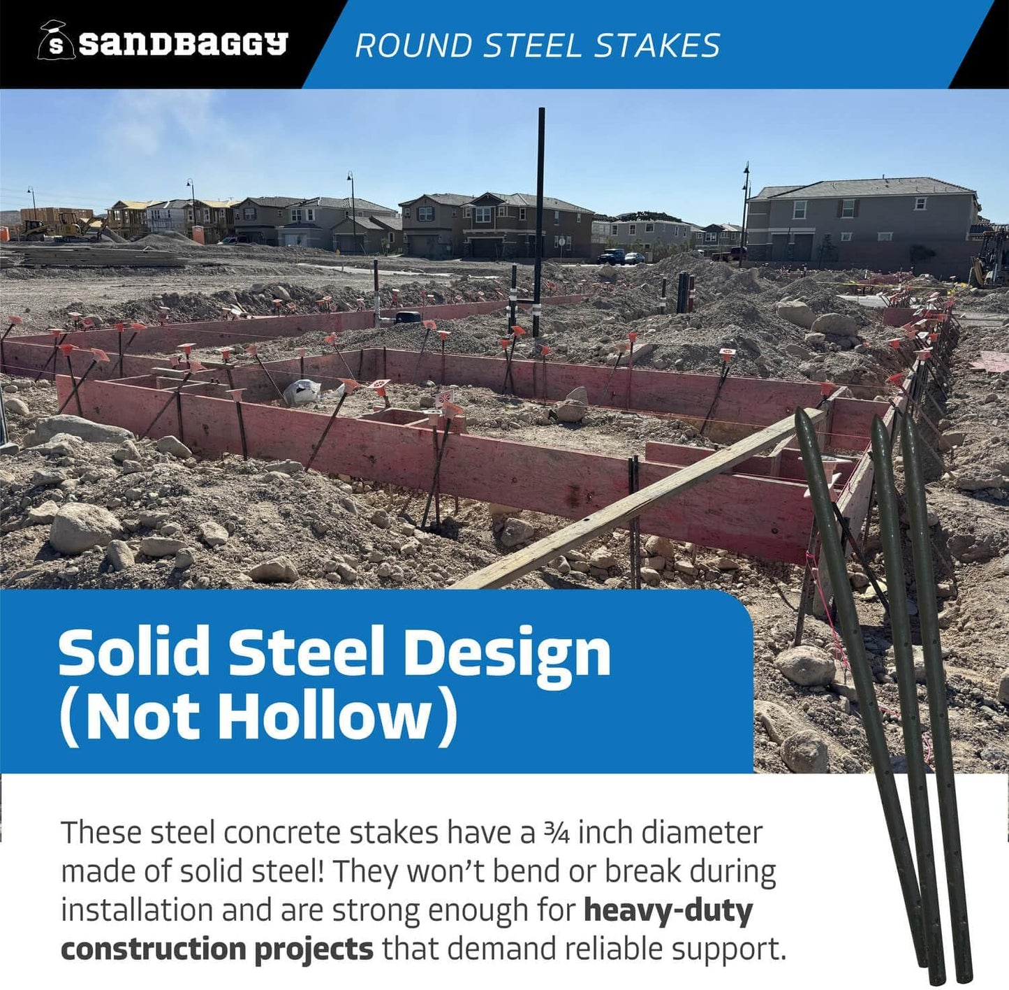 Sandbaggy Round Steel Concrete Form Stakes with Nail Holes - Rust Resistant Coating - Removable, Reusable (100, 3/4 in X 24 in)