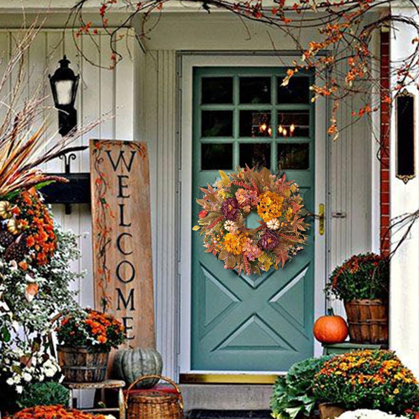 WANNA-CUL 24 Inch Fall Wreaths for Front Door with Hydrangea,Peony and White Pumpkins-Fall Decorations for Home, Fall Door Wreath Decor for Autumn,Harvest, Halloween or Thanksgiving