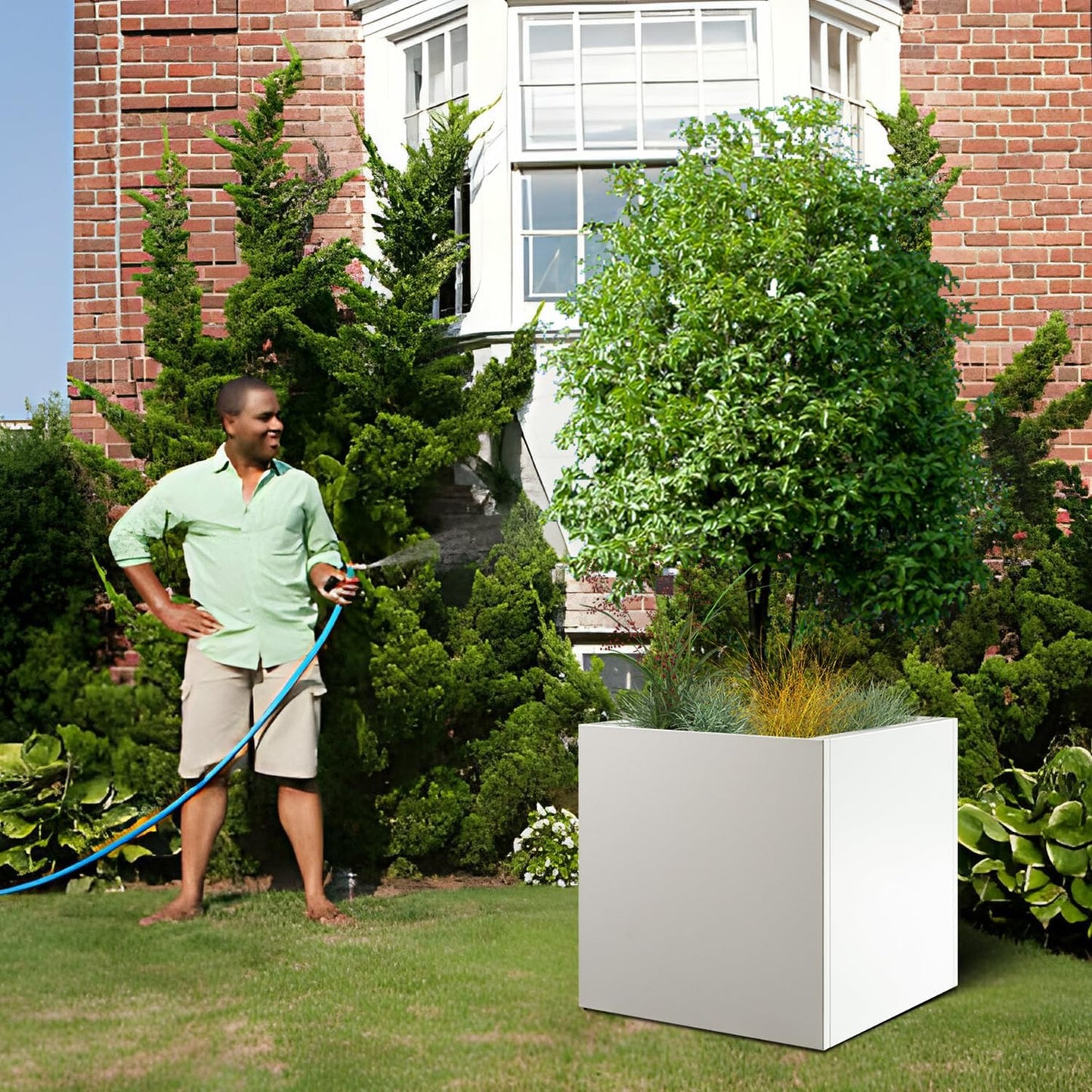 White Steel Planter Square Outdoor Planters Galvanized Steel Planter Box Indoor Metal Large Planters Cube Heavy Duty Flower Pot 32 Inch Modern Commercial Residential for Trees Patio Deck Yard Garden