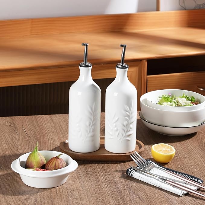Sweejar Ceramic Olive Oil Dispenser Bottle, 20 Oz Relief Opaque Oil Cruet Protects To Reduce Oxidation, Suitable for Storage,Vinegar, Soy Sauce,Liquids,Set of 2 (White White)