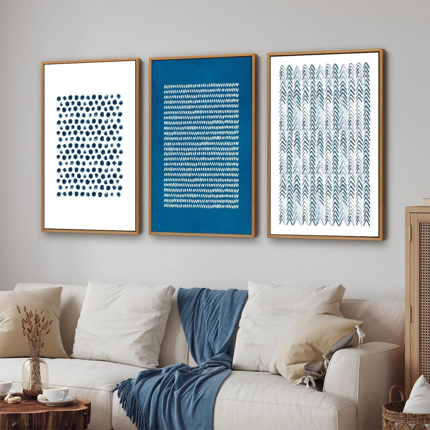 Tinonedraw Navy Blue and White Framed Canvas Wall Art Set, Minimalist Geometric Wall Decor, Neutral Abstract Artwork, Cozy Contemporary Art Prints for Bedroom Living Room Office Above Bed 24"x36"x3