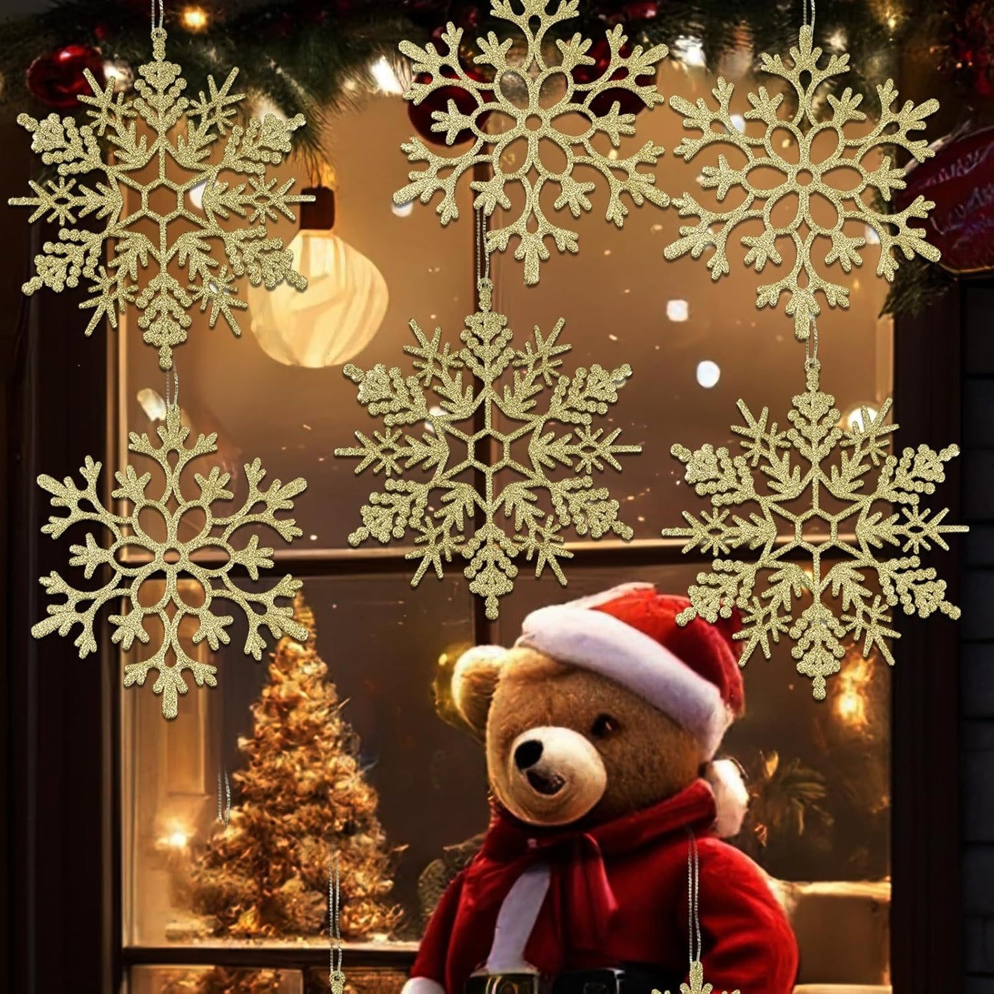 6pcs Large Gold Snowflakes Ornaments 12" Big Plastic Glitter Snowflake for Winter Indoor Outdoor Christmas Tree Window Room Decorations Giant Craft Snowflakes