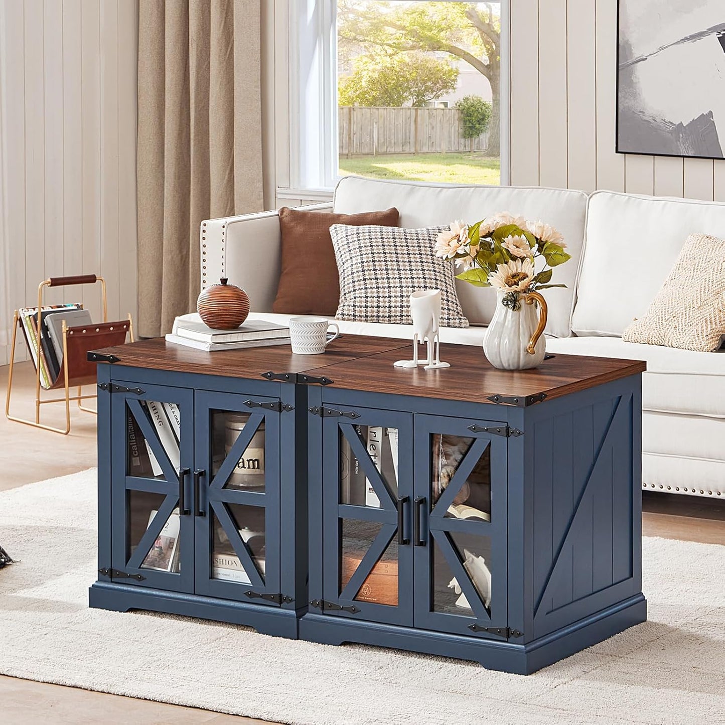 24" End Table with Charging Station, Farmhouse Night Stand with Glass Barn Door, White Nightstands with Adjustable Storage Shelf, Large Wood Square Bed Side Table for Living Room,Bedroom