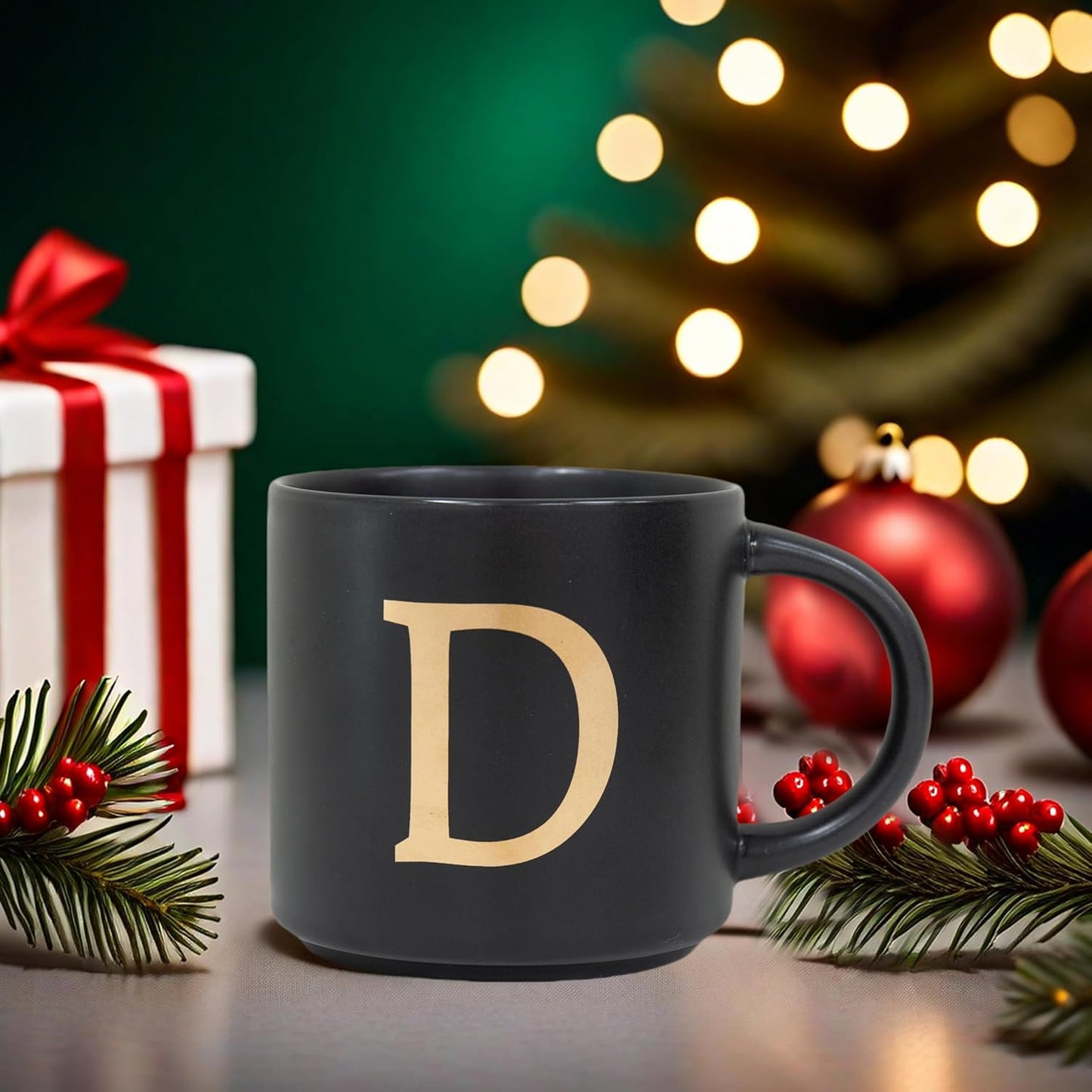 COLLECTIVE HOME - Monogram Ceramic Mugs, 15 oz Golden Initial Black Coffee Cups, Elegant Alphabet Tea Mugs, Elegant Personalized Mug with Gift Box, Unique Mug with Double Side Capital Lette (D)