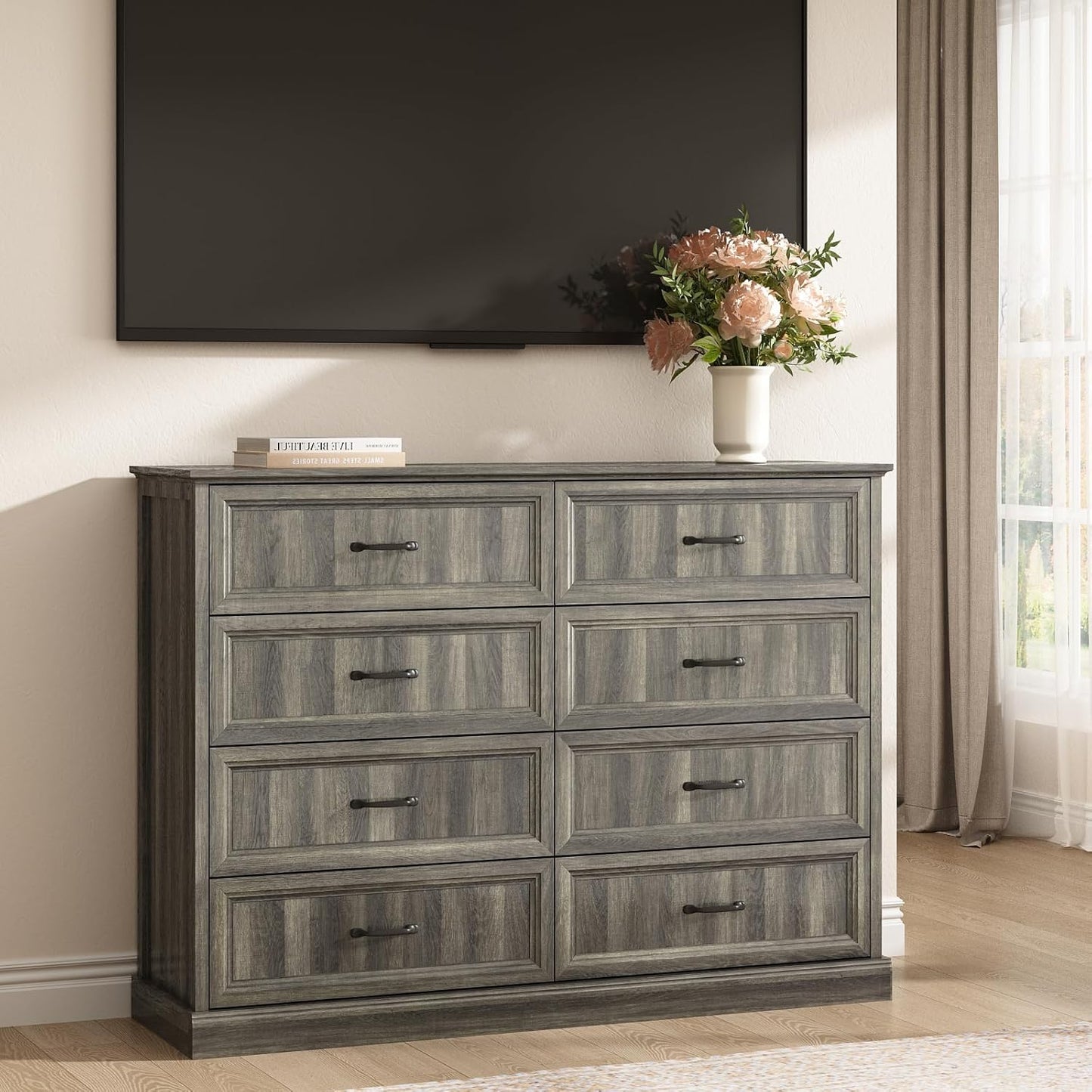 CARPETNAL Farmhouse 8 Drawer Dresser for Bedroom, 55 Inch Wide Modern Grey Dresser TV Stand with Large Drawers & Bar Handles, Rustic Wood Chest of Drawers for Bedroom, Living Room, Hallway, Entryway.