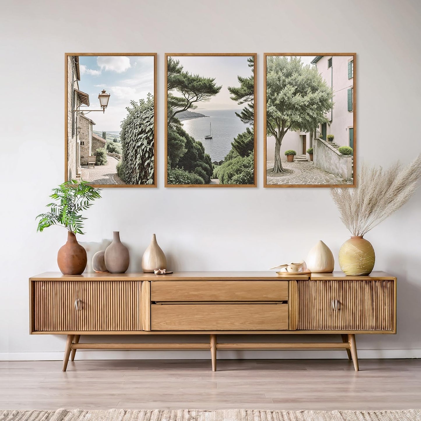 Aurlan Neutral Italy Cityscape Gallery Framed Wall Art(16"x24"), 3PCS Vintage Mediterranean Countryside Landscape Canvas Artwork, Large Town Coast Streets Travel Decor Prints for Office Home