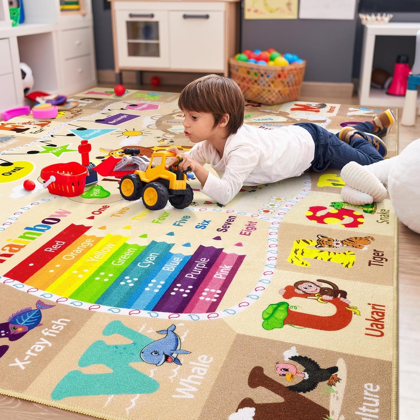 6x9 Playroom Rugs for Kids Washable, Educational and Fun Playmat with ABC Alphabet Animals Shapes Colors, Non-Slip Play Mat Learning Rugs for Baby Toddler Children Game Activity,Beige, Pink