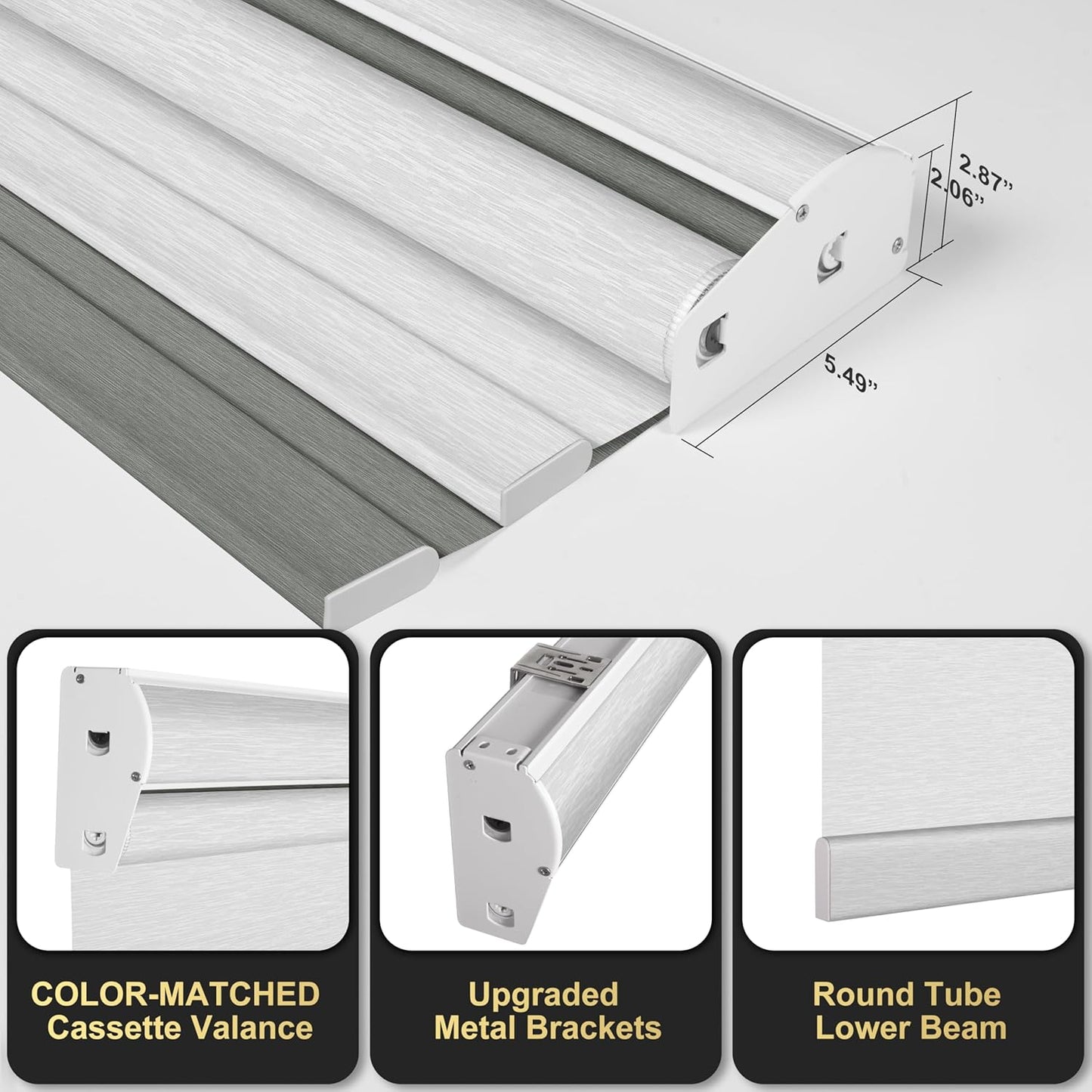 BERISSA Dual Roller Shades with Cassette Valance - Double Blackout and Light Filtering Shades, Day and Night for Home Office Door. Grey and White. 35 W x 36" H