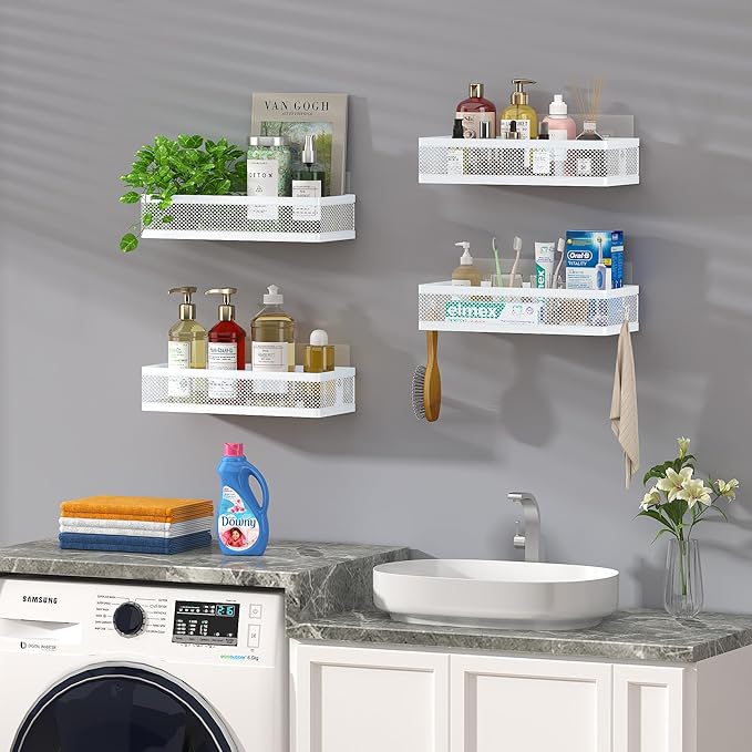 PUSDON Hanging Storage Baskets Organizer Wall Mount, Metal Wire Storage Bin Rack for Kitchen Bathroom Shower Spice Shelf Home Decor Essentials White-2 Packs (Netting)