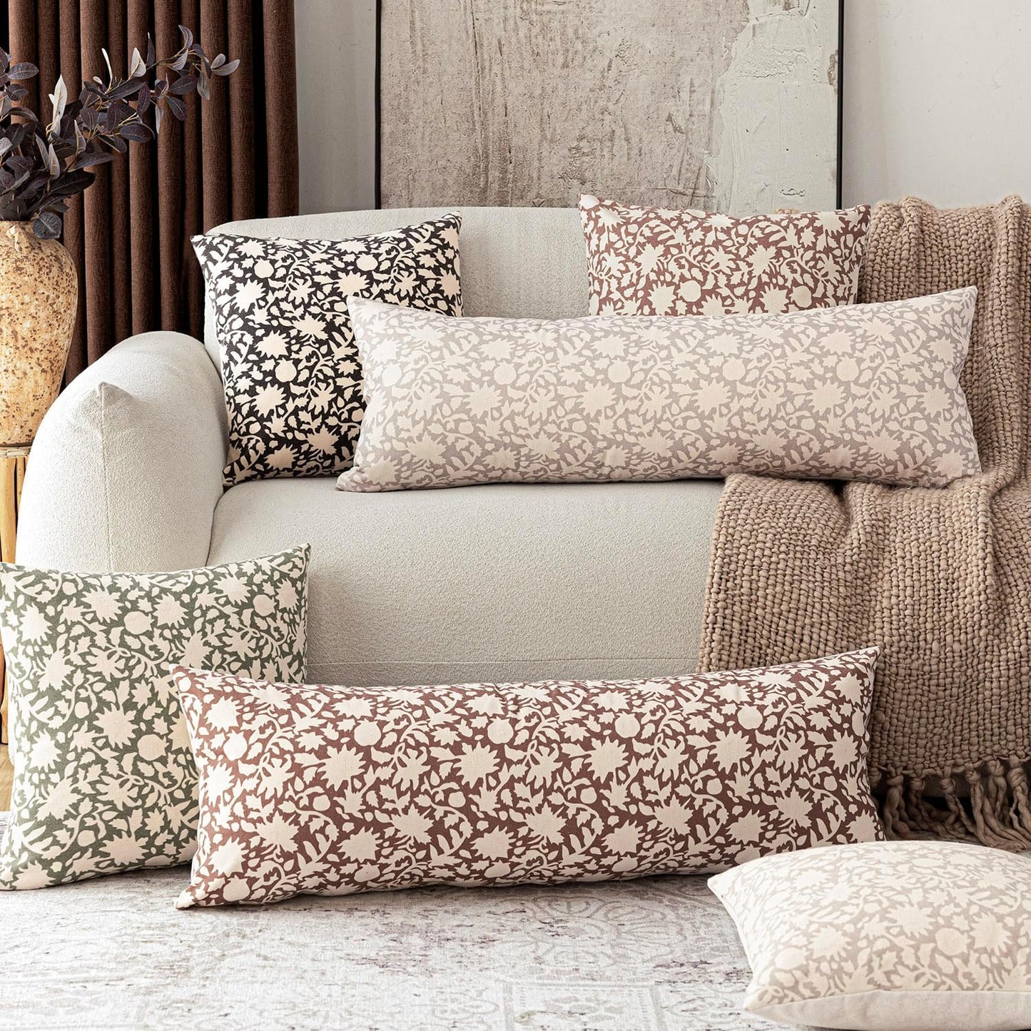 Foindtower Set of 2 Decorative Long Body Lumbar Throw Pillow Covers Accent Farmhouse Cushion Covers Floral Vintage Pillowcase for Couch Sofa Bedroom Living Room Home Decor Outdoor,14×36 Inch,Brown