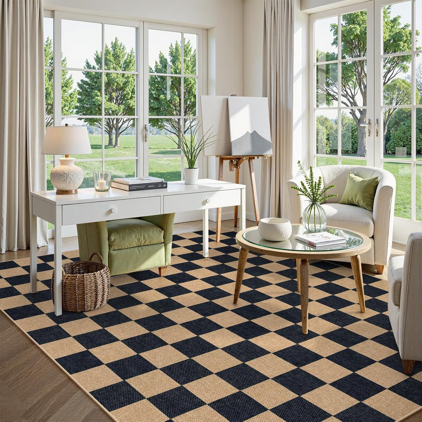 Lahome Checkered Easy Jute 8x10 Rug, Washable Rugs for Living Room Office, Farmhouse Neutral Non Slip Non Shedding Stain Resistance Indoor Outdoor Carpet for Balcony Patio Classroom