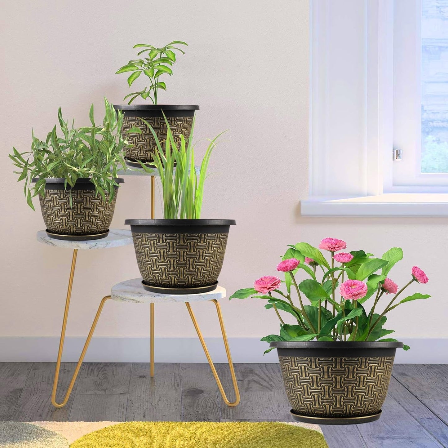 10 Inch Plant Pots, 4 Pack Flower Pots Outdoor with Drainage Holes & Trays, Retro Antique Imitation Decorative Garden Plastic Pots for Plants Indoor Sets for Houseplants