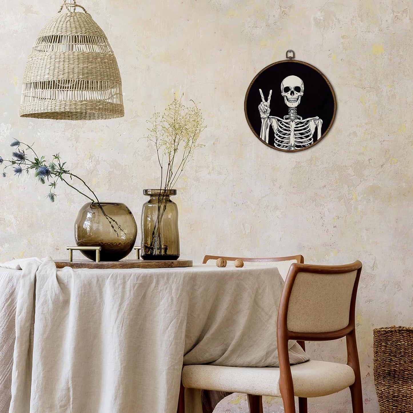 cvjutf Gothic Skeleton Wall Art Decor Framed, Dark Academia Decor, Witchy Halloween Round Wall Decor, Gothic Halloween Skull Canvas Prints Art for Gallery Bathroom Living Room, 10x10 Inch