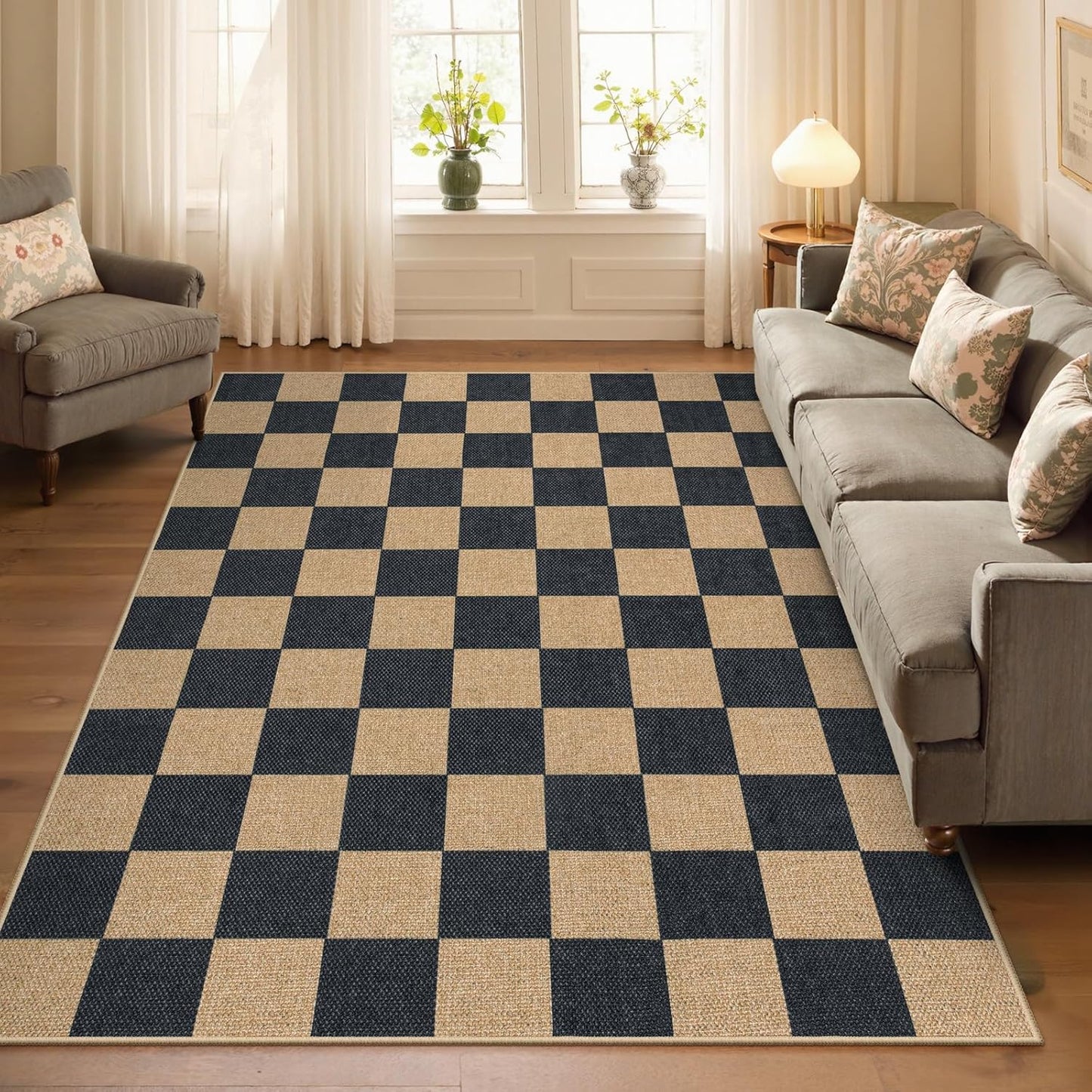 Lahome Checkered Easy Jute Area Rug, 5x7 Outdoor Patio Rug Washable Carpet for Living Room Checkerboard Indoor Outdoor Carpet, Farmhouse Geometric Non Slip Black Mat for Backyard Dining Room